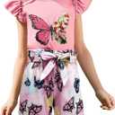 mksodop Girls outfits 2-Piece ruffled short sleeve butterfly floral print high waist floral shorts girls summer clothes (Pink, S)