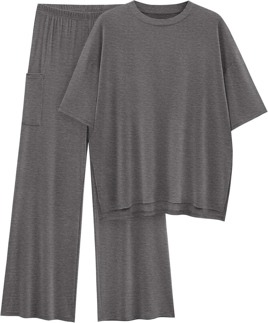 KIRUNDO Womens 2 Piece Outfits 2025 Summer Casual Loose Short Sleeve Pullover Tops & Wide Leg Pants Lounge Sets Tracksuit (Medium, Dark Grey)
