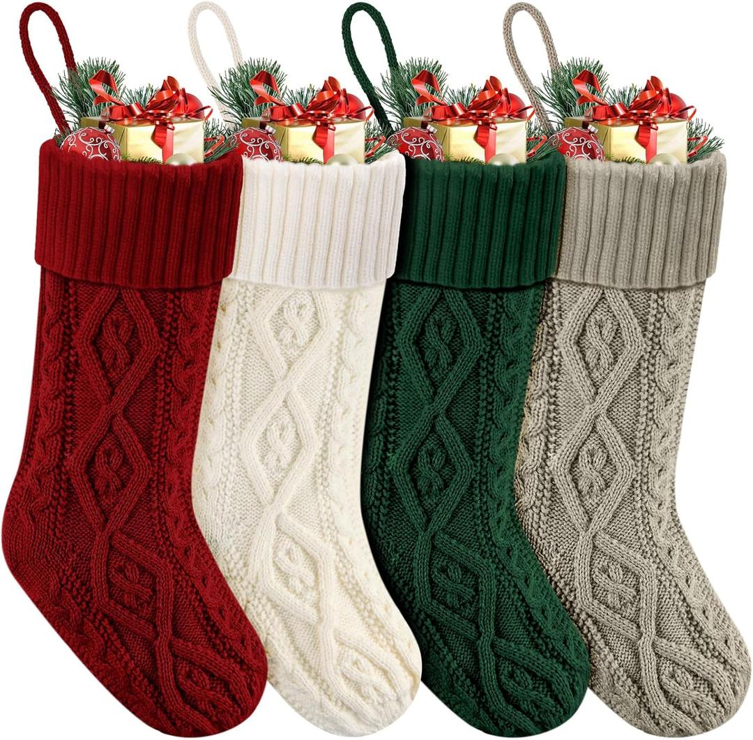 Christmas Stockings, Christmas Hanging Stockings Decoration Soft and Comfortable Knitted Festival Party Xmas Tree Stocking (B-4p-Red, White, Green, Khaki)