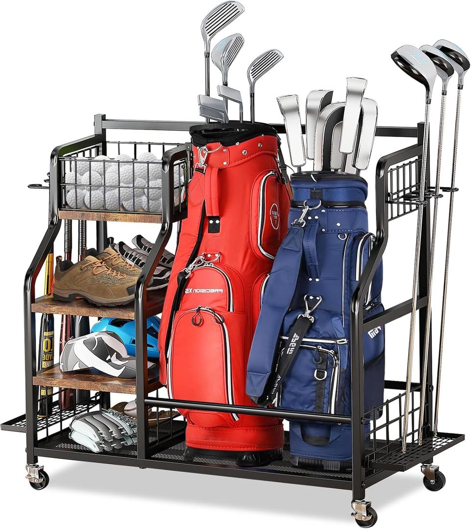 BeGuo Golf Bag Storage Garage Organizer, Golf Accessories Rack, Golf Storage Stand Fit for 2 Golf Bag and Golf Clubs&Golf Balls, Sports Equipment Organizer as Fishing bags, Tennis Rackets, Skateboard