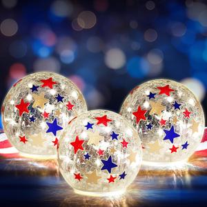 Rossesay 3 Pcs 4th of July Decorative Lights, 3.94 Inch Crackle Glass Star LED Globe Lights, Battery Operated Patriotic Lamp for Party Outdoor Garden Patio Indoor Independence Day Gifts Home Decor (Blue, Red, White)