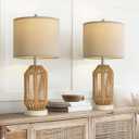 OYEARS 21" Boho Table Lamps Set of 2 for Living Room, Bedside Lamps for Nightstand, Rattan Lamp for Bedroom, Farmhouse Table Lamps for Boho Decor, End Table, Retro, White
