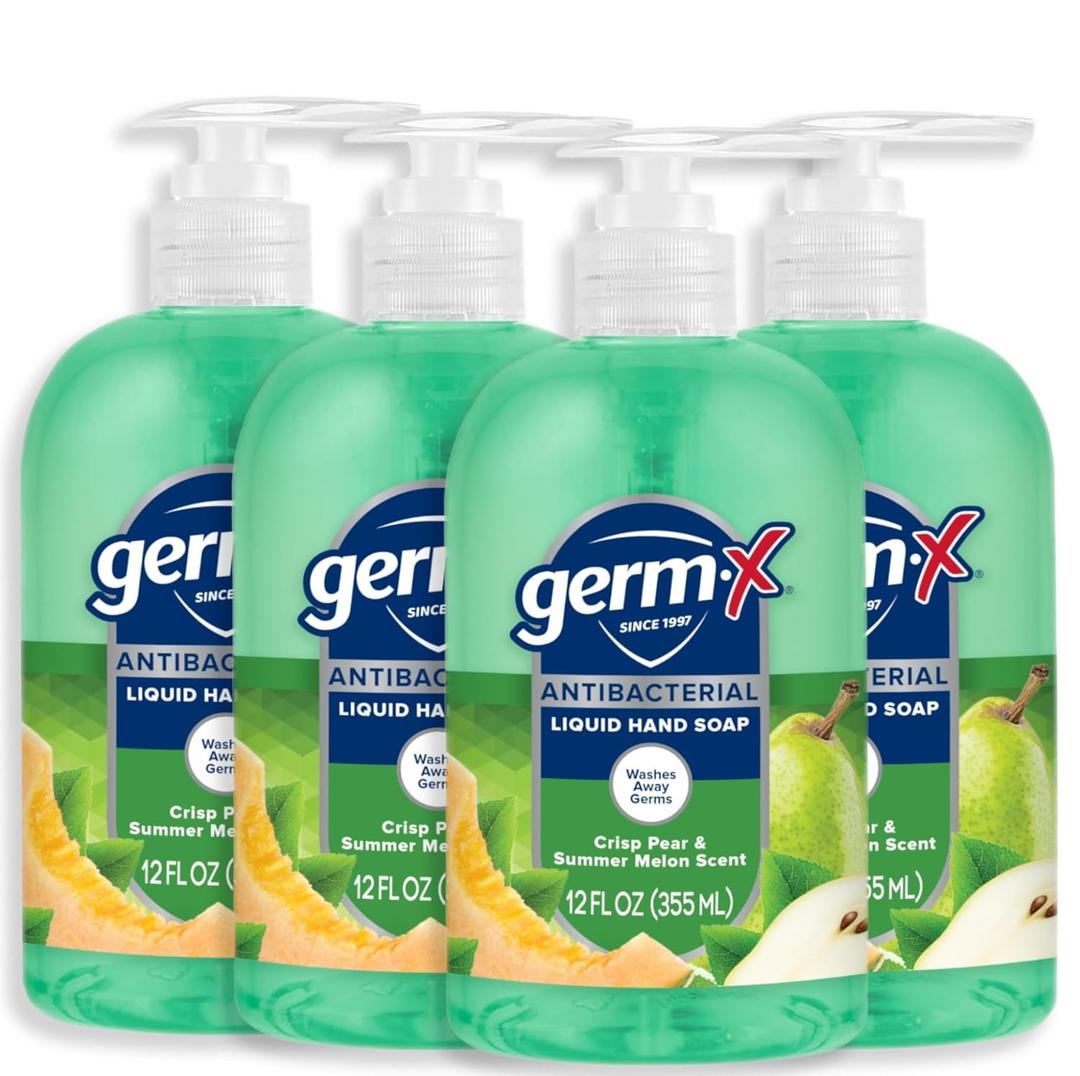 Germ-X Antibacterial Hand Soap, 12 Oz (Pack 4), Moisturizing Liquid Hand Wash for Kitchen or Bathroom, pH Balanced & Dermatologist Tested, Crisp Pear & Summer Melon Scent, Pump Bottle