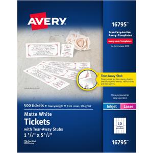 Avery Printable Tickets with Tear-Away Stubs, 1.75" x 5.5", Matte White, 500 Blank Tickets for Laser and Inkjet Printers (16795)