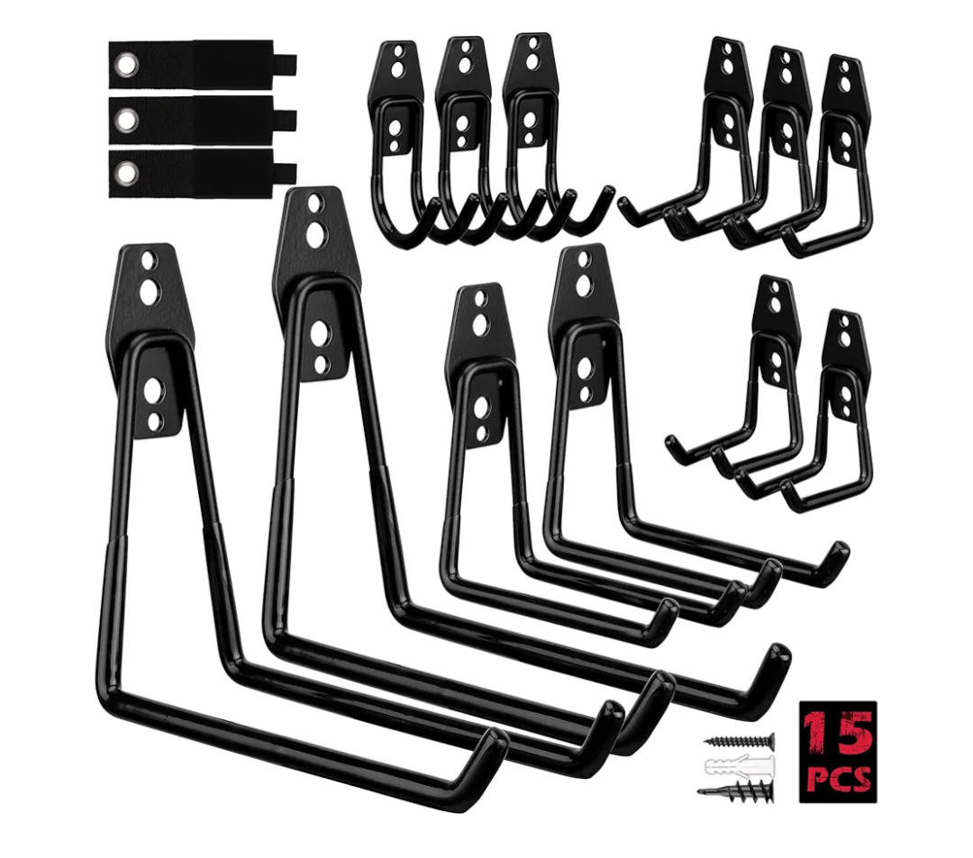Garage Tool Storage Wall Hook Assortment Set 15PCS Heavy Duty Large Hanger Garden Tool Organizer Ladder Bike Rack Yard Tool Holder Shed Shovel Metal Screw Organization Bicycle Steel Bracket