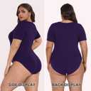 Lastshe Women Plus Size Bodysuit Short Sleeve Scoop Neck Casual Slim Fit Stretchy Bodysuits (Purple, XXL)