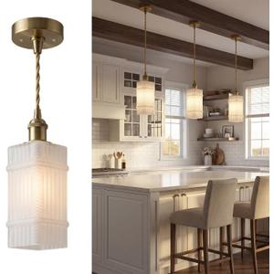 Milk Glass Striped Kitchen Island Pendant Light, Vintage Dining Room Light Fixture - Adjustable Hanging Light for Dining Room, Bedside, Vanity Area, Hallway & Entryway