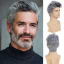 Men Wigs Short Gray Wig Synthetic Heat Resistant Natural Halloween Cosplay Hair (Grey)