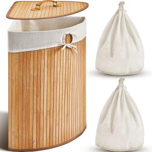 Gueevin Corner Bamboo Laundry Hamper with Lid and Removable Liner Corner Bamboo Laundry Basket with Handle Washing Clothes Basket Storage Bin for Bedroom Bathroom (Carbon,Vertical Slatted), 14 Inches X 14 Inches X 24 Inches