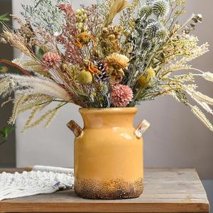 Ceramic Rustic Farmhouse Vase, Distressed Decorative Flower Vases for Home Decor, Ideal Shelf Decor, Yellow Boho Vase for Living Room Bedroom Kitchen Office Centerpiece Table Decorations
