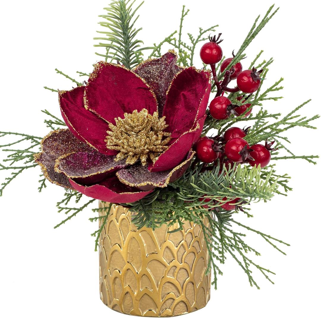 9 inch Red Christmas Table Centerpiece 5" Glitter Magnolia Flower and Red Berries Fir Greenery Artificial Christmas Floral Centerpiece in Golden Ceramic Pot Christmas Tabletop Arrangement Decor