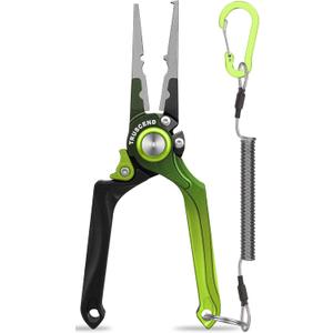 TRUSCEND Lockable Handy Fishing Pliers with Innovative Ergonomical Handle, Corrosion Saltwater Resistant Teflon Coated Fishing Tool, Multi-Function Fishing Gear with Mo-V Cutter, Fishing Gifts for Men (Green)