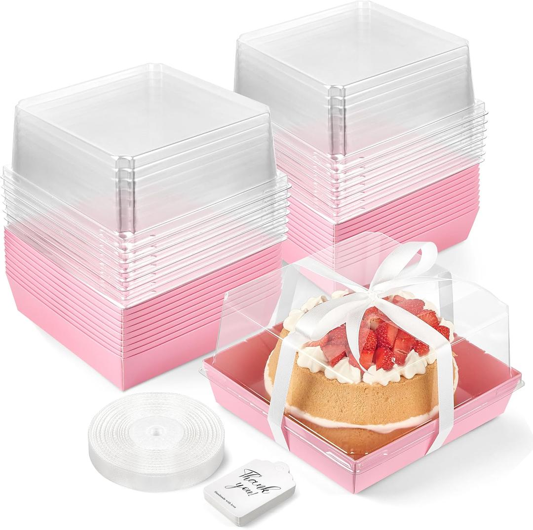 ZORRITA 7 x 7 x 4 Inches Paper Cake Boxes with Clear Lids, 20 Pack Disposable Charcuterie Boxes Square Food Containers for 4-6 Inch Cake, Dessert, Pie, Cupcake, Bakery (Pink)