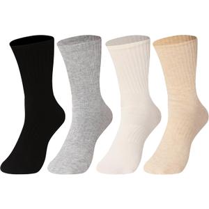 Women's Socks, Cotton Crew Socks with Seamless Toe, Womens Socks for Running, Casual, Office& School, 4 Pairs, Size 6-9 (Khaki)