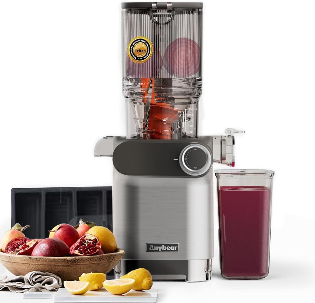 Cold Press Juicer, 200W Masticating Slow Juicer 4.3" Large Feed Chute Fit Whole Fruits Vegetables | Upgraded Auger | Tritan Material | BPA Free | Juice Recipes (Silver)