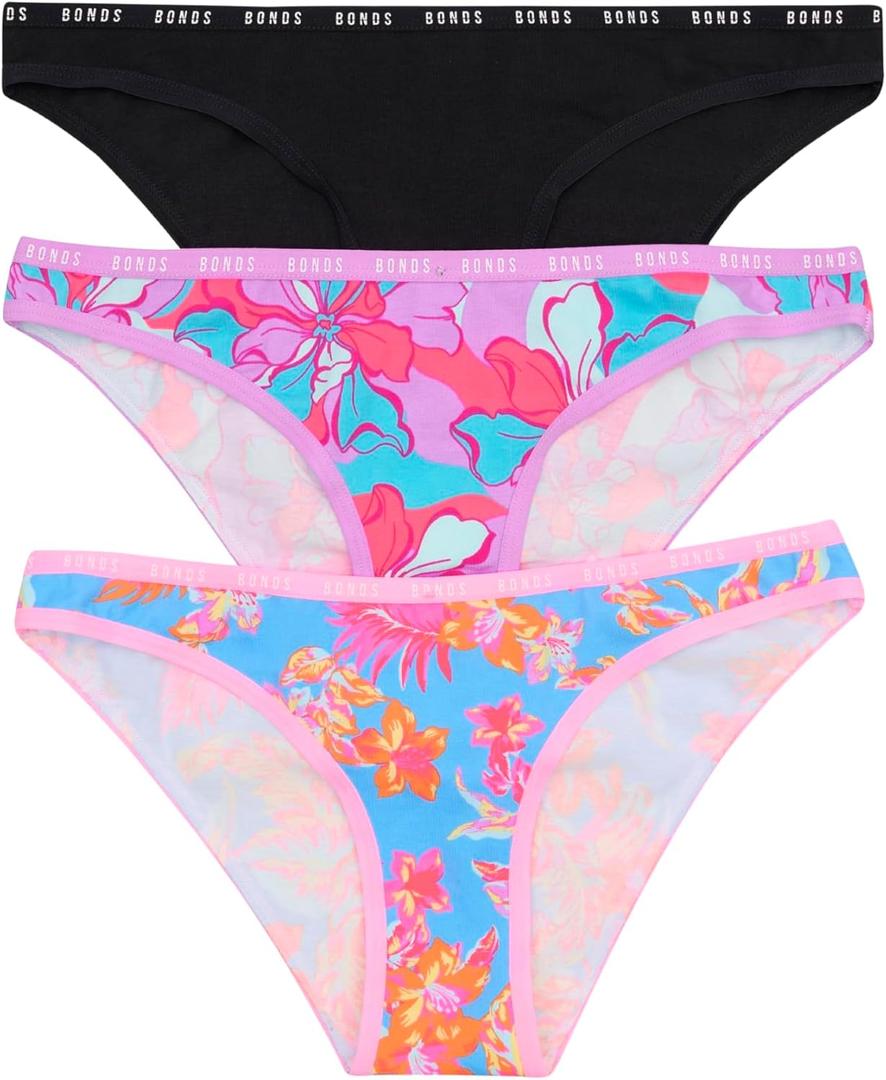 Bonds Women's Underwear Pack, High-cut Icons Bikini Panties for Women, Stretchy Cotton-blend Underwear, 3-pack (Medium, Black/Interflora/Island Time)