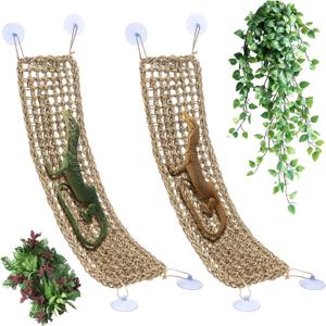 2 Pcs Bearded Dragon Hammock Reptile Lounger, Natural Seagrass Climbing Habitat Decor with Jungle Theme for Lizards, Geckos, Snakes, Iguanas, Amphibians and Terrarium