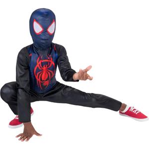 Marvel Miles Morales Official Youth Halloween Costume - Printed Jumpsuit with Fabric Mask (Black, L)