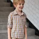 Arshiner Boy's Plaid Button Down Shirt Long Sleeve Roll Up Casual Shirts with Pocket 4-11 Years