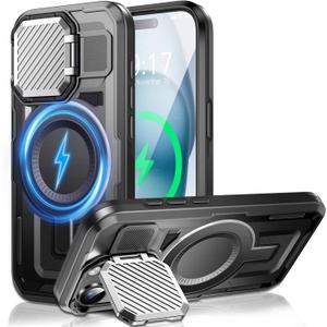 Camera Stand Case for iPhone 15 Plus, [Compatible with Mag Safe] [Lens Cover] 2024 Version Military Grade Protective Soft Case for iPhone 15 Plus 6.7 inch Men Women, Black