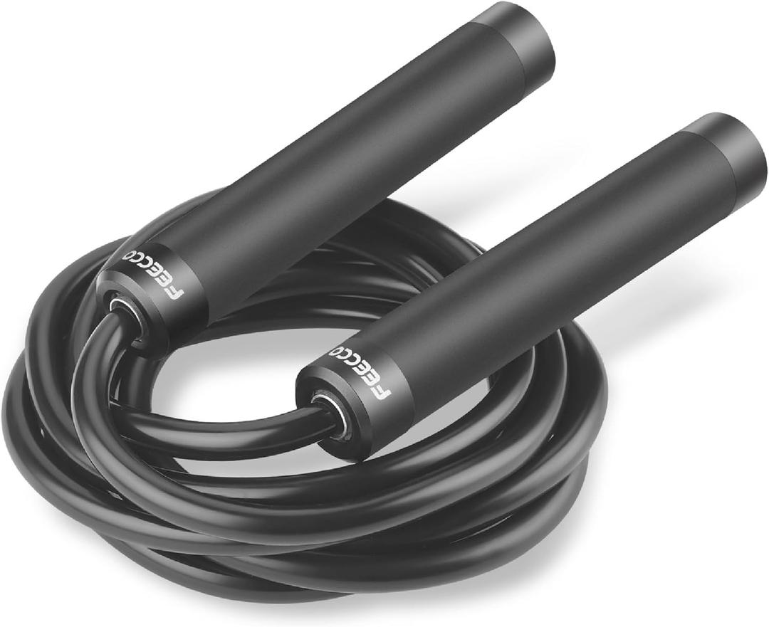 FEECCO Weighted Jump Rope - Heavy PVC Ropes with Metal Handles and Ball Bearings (1LB - 9mm Rope, Black)