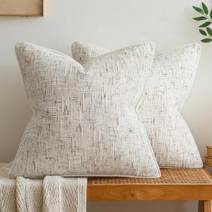 a moment Christmas Beige Reversible Pillow Covers 2 Pack - Farmhouse Chenille Throw Pillows, Neutral Textured Decorative Throw Pillow Covers with Border for Couch Sofa Bed (20x20 Inch, No Insert)