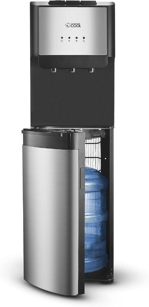 Commercial Cool Bottom Loading Water Dispenser, For 3 or 5 Gallon Water Bottle Jugs, Black with Stainless Steel Door & Trim, Push Button Controls, water cooler dispenses cold, hot or room Bottom