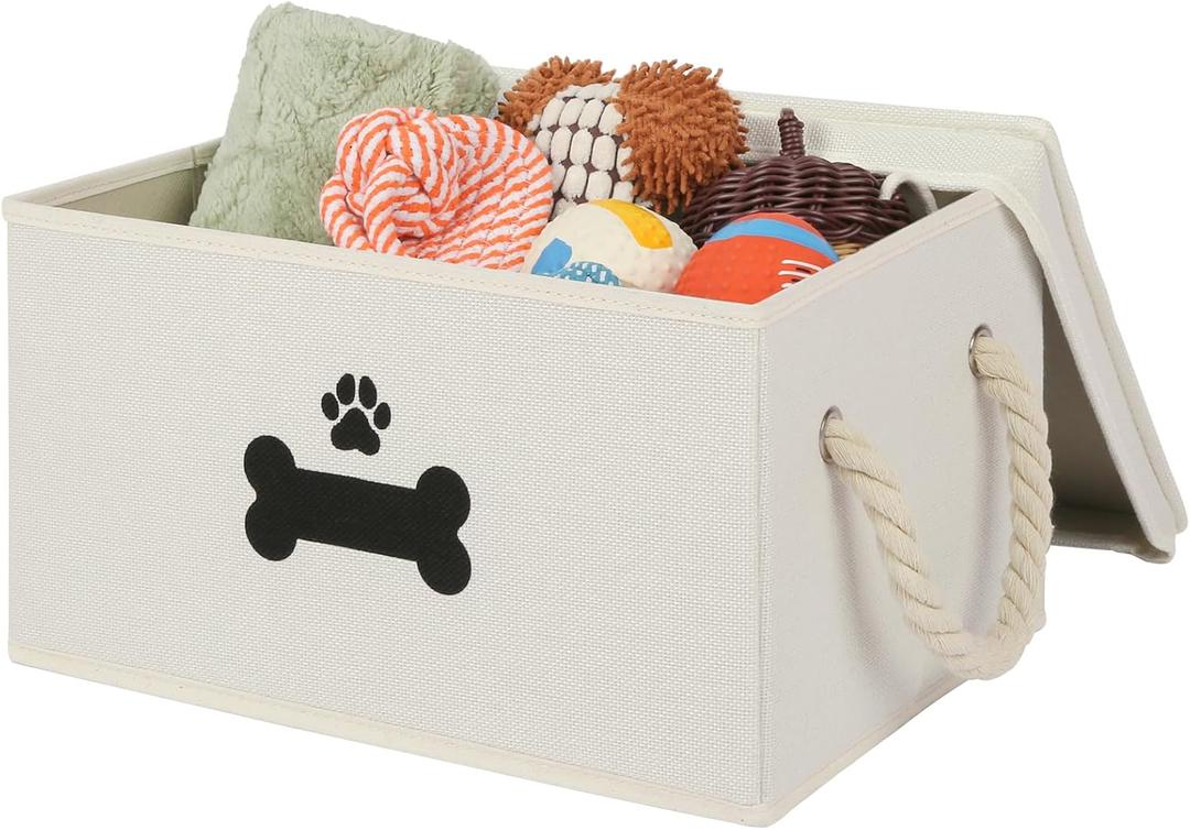 Dog Toy Basket with Lid, Dog Basket for Toys, Dogs Toy Box with Cotton Rope Handles, Collapsible Storage Bins for Pet Toys, Dogs Storage Organizer, Beige (Medium)