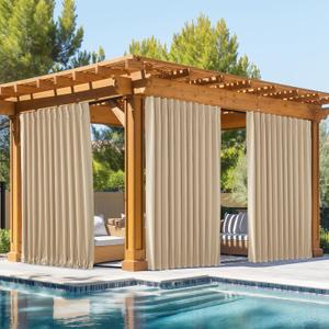 NICETOWN 2 Panels Outdoor Curtains Waterproof Pocket & Back Tab on Top & Bottom, Thermal Insulated Windproof Sun Blocking Outside Privacy Drapes for Patio with Fixed Rope, W84 x L84, Biscotti Beige