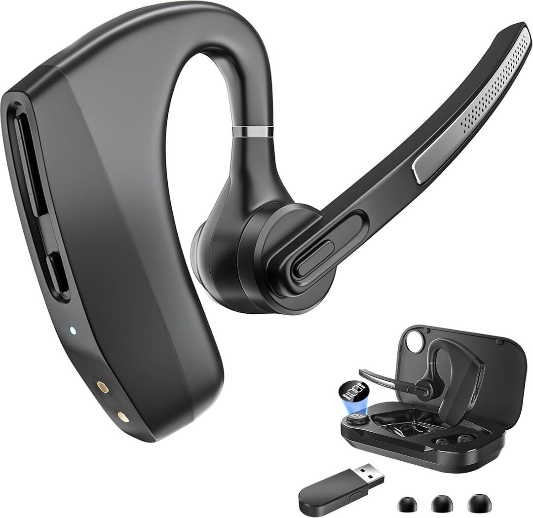 Bluetooth Headset Wireless Earpiece with 450mAh Charging Case USB Dongle Noise Canceling Mic for PC Computer, Laptop, Cell Phones, Remote Work, Call Center, Trucker Work, Business