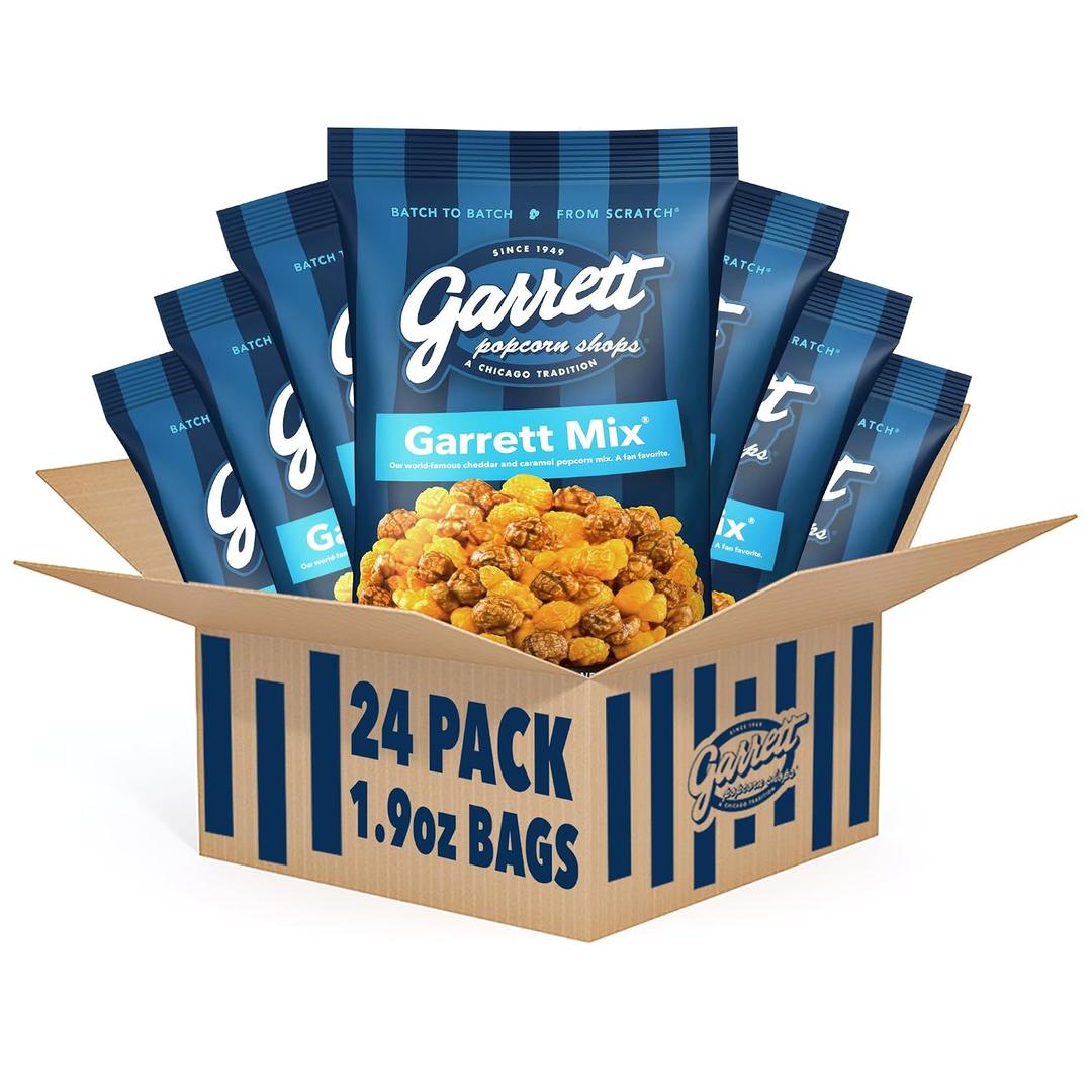 Garrett Popcorn Garrett Mix, Cheese and Caramel Gourmet Popcorn, Gluten Free, Sweet and Salty Snack Bags, Popped Popcorn Bags, 1.9 Ounce (Pack of 24) (EXP 02/11/27)