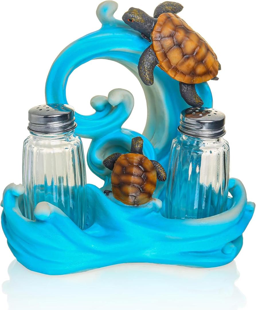 Farmhouse Kitchen DCor Salt And Pepper Shakers Set - Salt And Pepper Dispenser with Resin Ocean Sea Turtle Figurine And Statues Holder - Elegant Glass Spice Jars