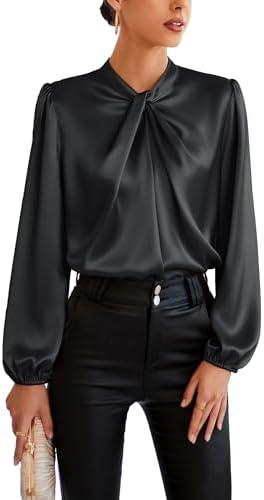 GRACE KARIN Women's Long Sleeve Satin Blouse,Mock Neck Work Silk Shirts,Dressy Tops for Business Casual Office Size L
