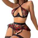 Lace Sets for Women Sexy Wear Garter Lingerie Set for Women 3 Piece Red Lace Crop Top Floral Embroidered Teddy (Black, S)
