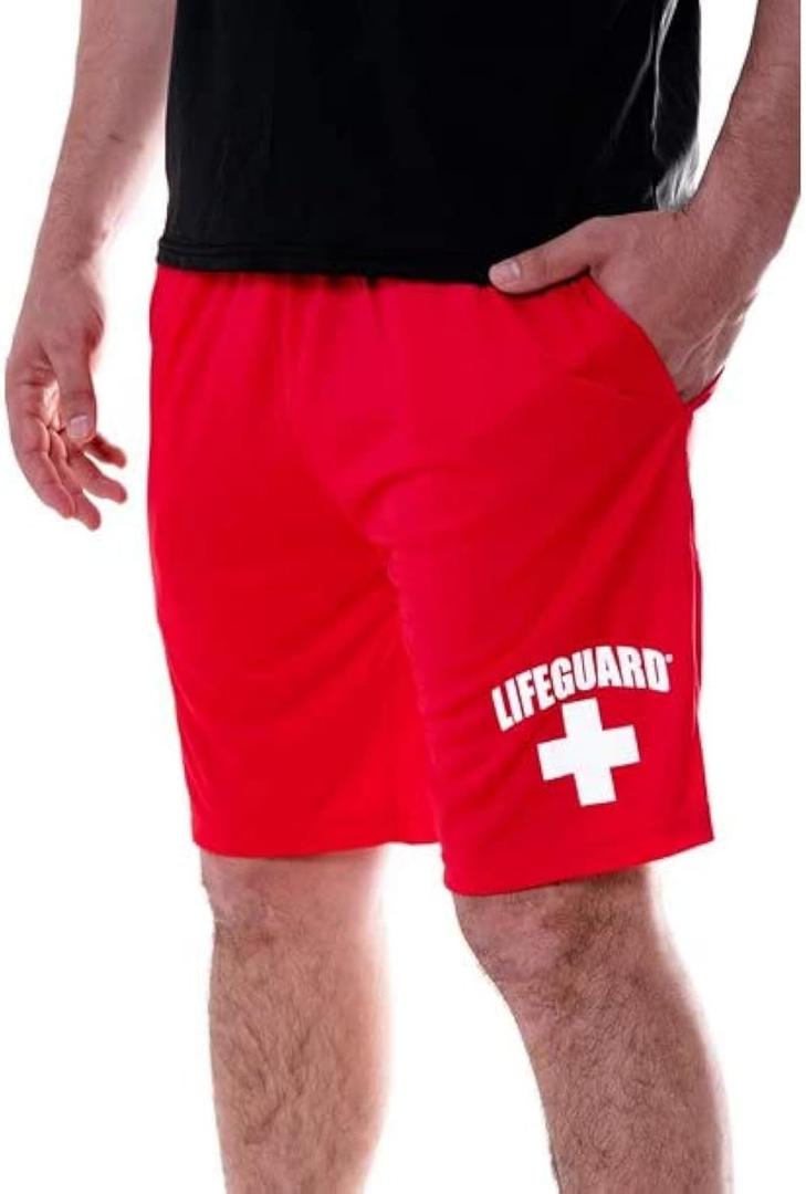 LIFEGUARD Officially Licensed Mens Active Running Performance Shorts Moisture Wicking (M) Red