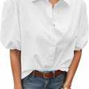 Tankaneo Women's Button Down Shirts Short Puff Sleeve Collared Dressy Casual Blouse Tops (Medium, White)