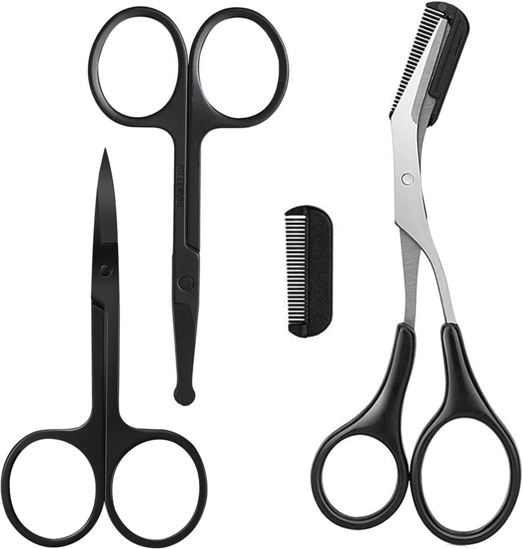 Eyebrow Scissors with Comb, KAJUDA Facial Hair Small Grooming Scissors For Men Women - Eyebrow Trimmer Scissor for Eyebrows, Nose Hair, Mustache, Beard, Eyelash - 3PCS Black