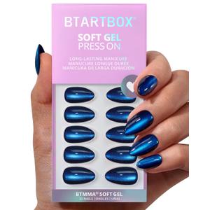 BTArtbox Press On Nails Almond - Forstbite Spell, Deep Blue Cat Eye Short Halloween Press On Nails with Glue for Women, Glossy Soft Gel Glue On Nails in 16 Sizes - 32 Stick On Nails Kit