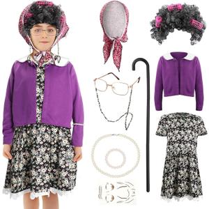 Zhanmai 15 Pcs Little Old Lady Costume Grandma Costume Set for Kids Granny Dress Halloween Accessories for Kids Girl (X-Small)