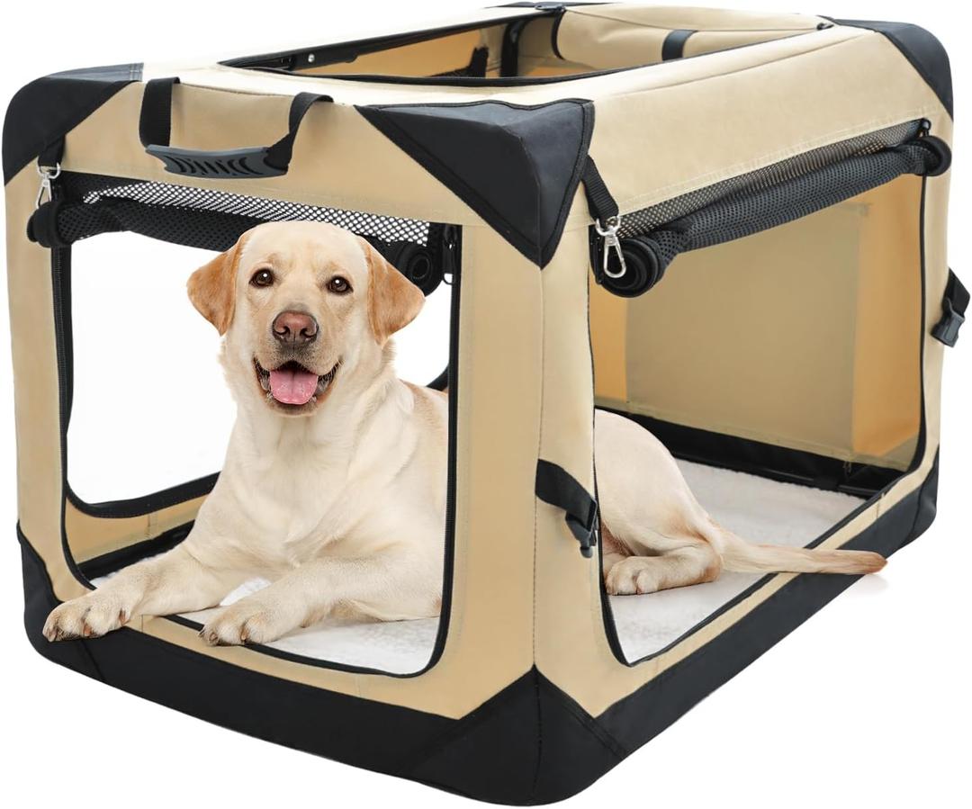 Pettycare 42 Inch Collapsible Dog Crate for Large Dogs, 4-Door Foldable Soft Dog Kennel with Chew Proof Mesh Windows, Indoor & Outdoor Travel Dog Crate, Soft Side Dog Crate,Beige (42.0"L x 31.0"W x 31.0"H, Beige)