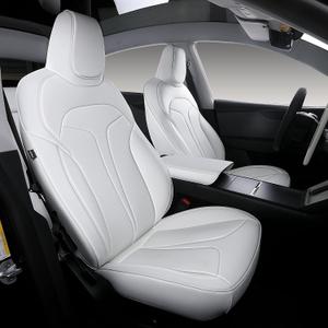 Custom Fit Seat Covers for 2025 2026 Tesla Model Y Juniper (5-Seater), Waterproof Breathable Nappa Leather, OEM Style Full Set Protectors, Airbag Compatible - White