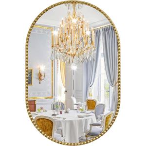 Oval Mirror for Wall, 24x36 Inch Gold Oval Bathroom Mirror, Antigue Gold Vanity Mirrors, Metal Floral Frame Mirror for Bedroom Living Room Hallway, Hangs Horizontally or Vertically