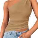 Cicy Bell Womens One Shoulder Tank Tops Summer Going Out Tops Ruched Asymmetrical Sleeveless Shirts Brown (L)