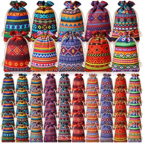 SilTriangle 50 Pcs Mexican Cloth Drawstring Gift Bag 4 x 6 Inch Fiesta Mini Cotton Jewelry Pouches Reusable Goodie Candy Bags for Cinco De Mayo Party Holiday Favor Supplies
