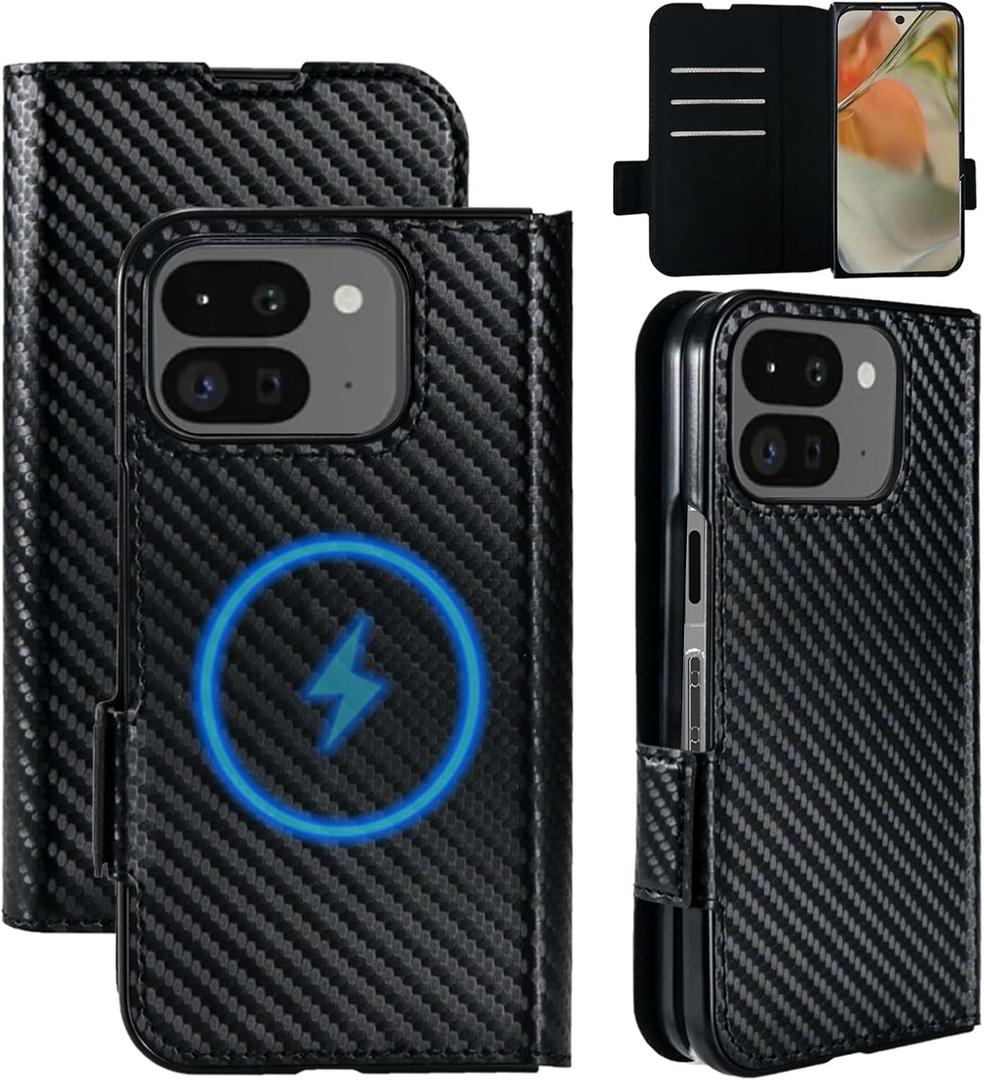 for Google Pixel 10 Pro Fold Wallet Case Compatible with Pixelsnap & MagSafe, Built-in Magnetic Ring & Hinge Protection, Carbon Fiber Texture Leather 3 Card Slots with RFID Blocking (Black)