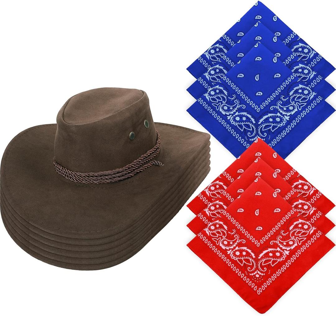 Janmercy 6 Sets Cowboy Hat and Paisley Bandana DIY Cowgirl Hat for Women Men Halloween Costume Party (Coffee, Red, Blue)