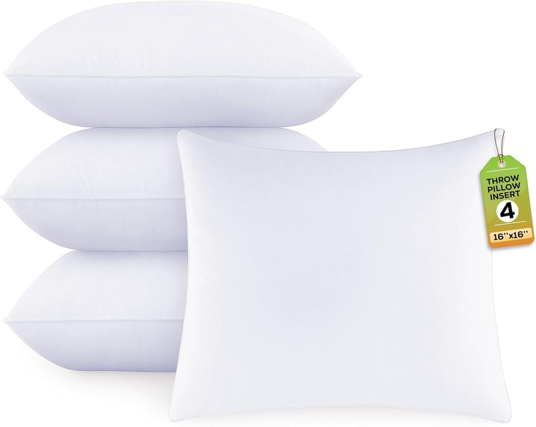 GOLD TEXTILES White Throw Pillows Insert (Pack of 4) - 16 x 16 Inches Polyester Sham Stuffer Throw Pillow - Lightweight Square Indoor Decorative Pillows - Bed and Cushion Couch Pillows