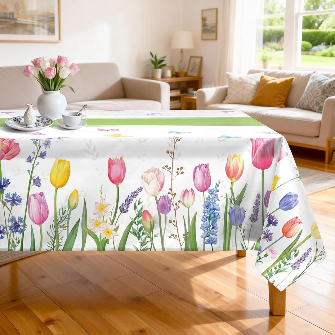 Tulip Spring Floral Table Cloth Rectangle Machine Washable Summer Lavender Tablecloth, 55 * 70 inch, Polyester Flower Table Cover for Easter Kitchen Dinner Party Outdoor Decor