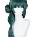 Half and Half Maomao Cosplay Costume Wig with Bangs & Side Part Bun 22'' Long Dark Green Anime Wig for Women Party Halloween Daily