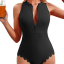 Charmo Scalloped Ribbed One Piece Swimsuit Zipper Racerback Bathing Suit Athletic Swimwear, Size Small, Black